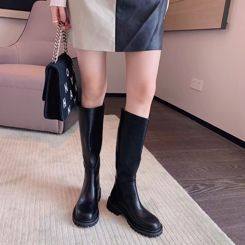 【冬季新品-瘦腿神器 】百搭软皮粗跟厚底骑士靴3597-2（薄绒）