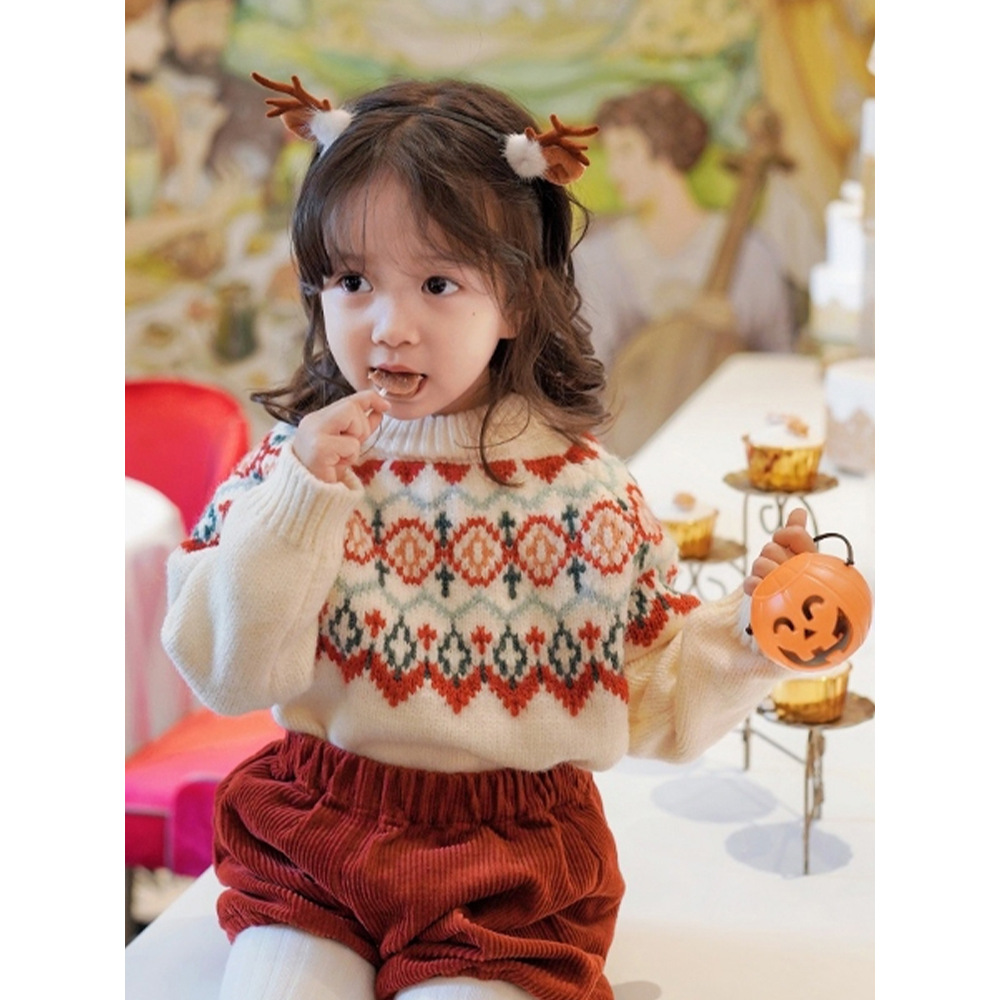 巴拉巴拉女童圣诞红色毛衣2023秋冬装新款韩版女宝加绒加厚针织衫