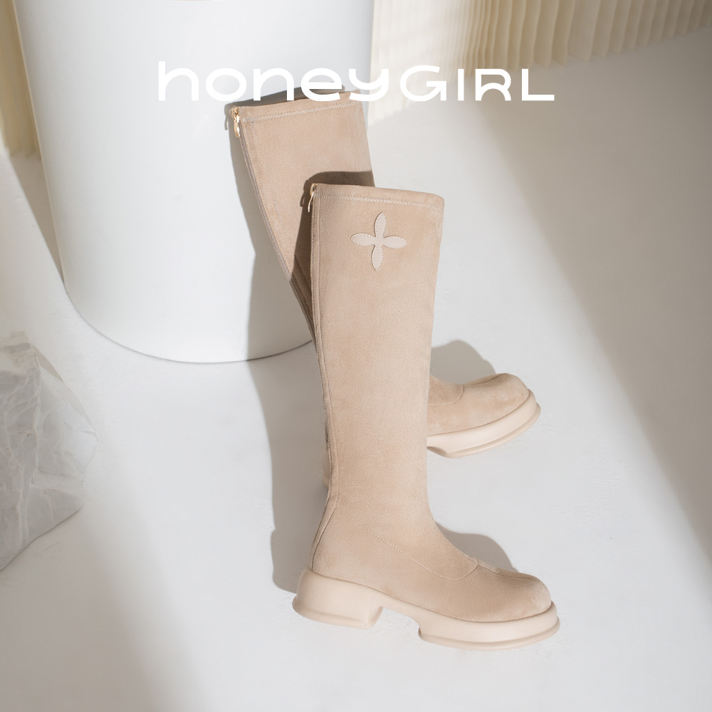 Honey Girl粗跟瘦瘦靴弹力长筒靴女冬加绒小个子厚底不过膝骑士靴