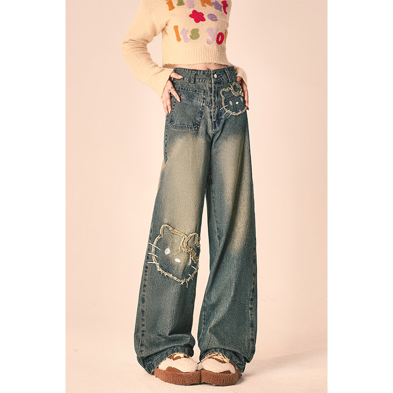 HelloKitty复古毛边刺绣牛仔裤女春秋宽松阔腿显瘦直筒裤子