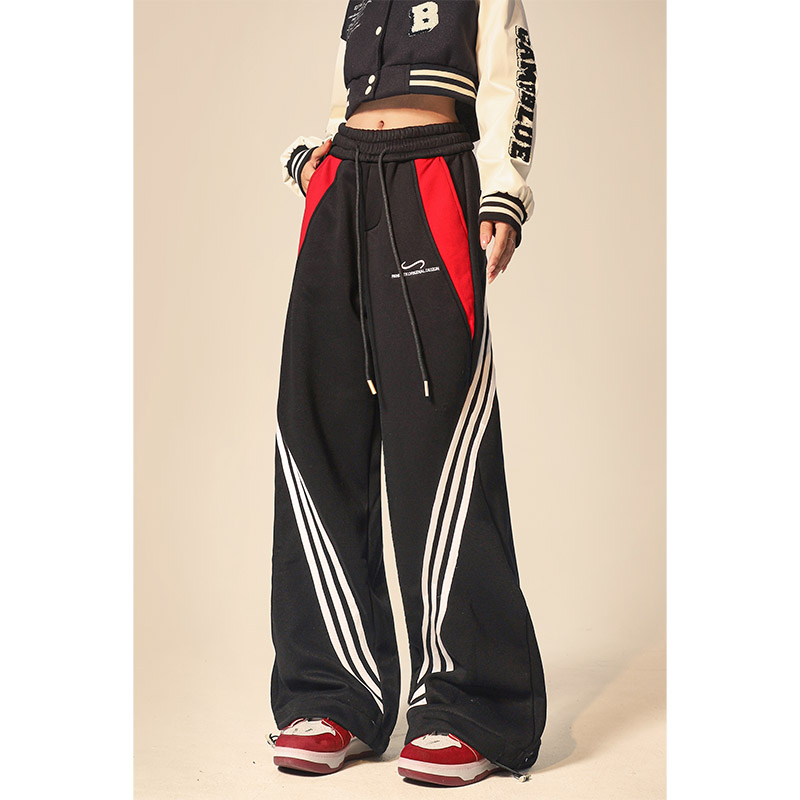 自然涩美式黑色条纹运动休闲裤女春秋松紧腰高街卫裤直筒阔腿裤子