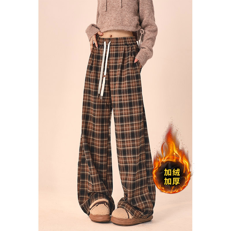 自然涩咖色加厚加绒格子休闲裤女秋冬松紧腰直筒宽松垂感阔腿裤子