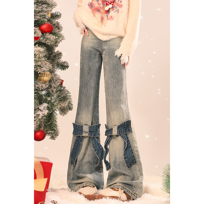 自然涩冬季加厚蝴蝶结微喇牛仔裤女秋冬款小个子高腰喇叭马蹄裤子