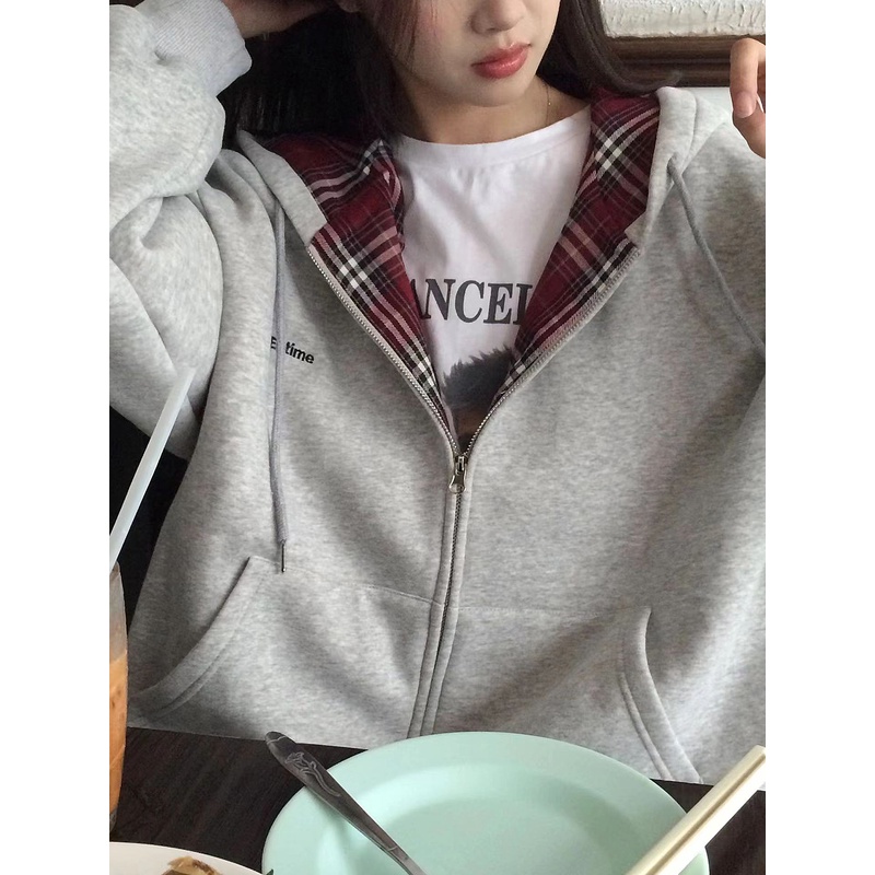 灰色连帽卫衣女秋撞色格纹里布短款长袖拉链开衫外套宽松休闲韩版