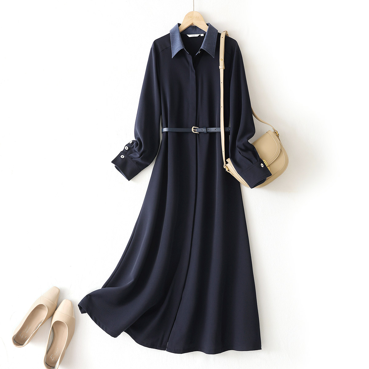 IHIMI23秋冬新款轻职场翻领长袖优雅气质撞色拼接假两件连衣裙女