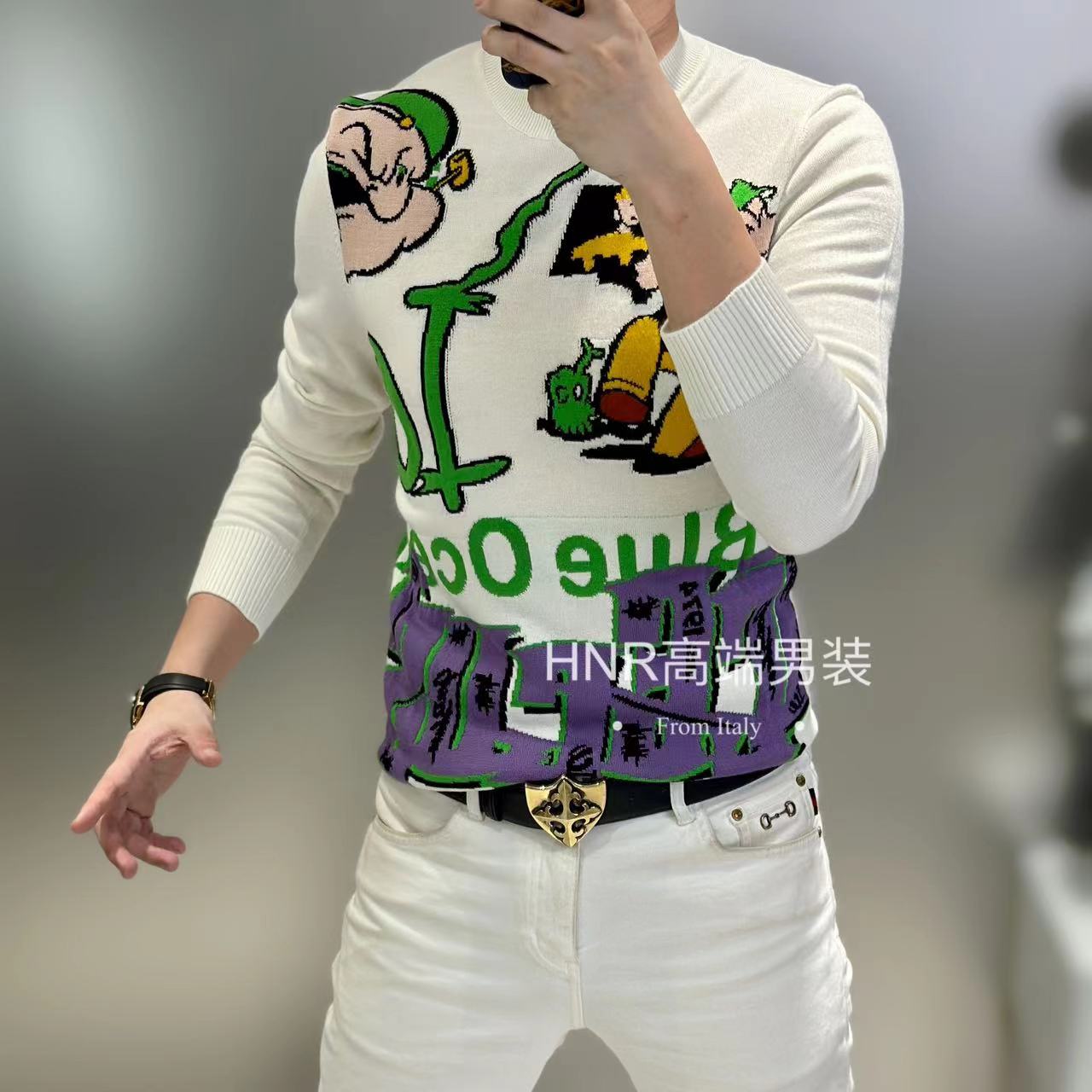 水手先生图案英文字母新款高端男士时尚潮流百搭圆领套头针织毛衣