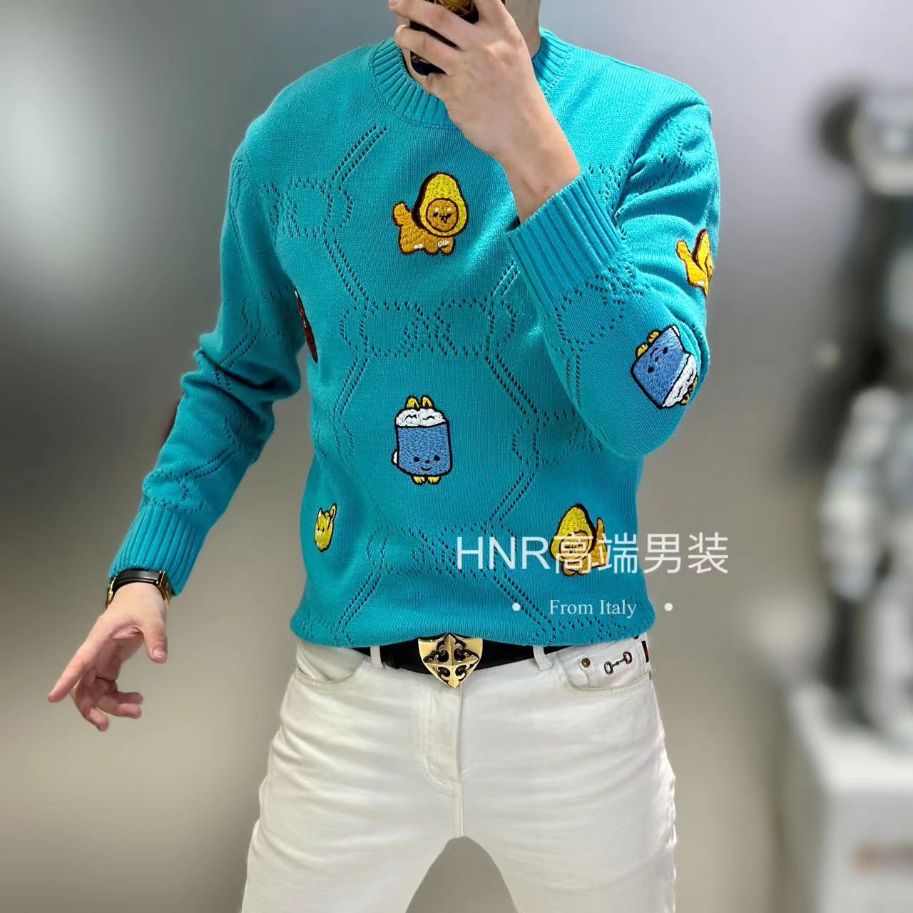 可爱卡通图案新款高端男士时尚潮流个性百搭长袖圆领套头针织毛衣