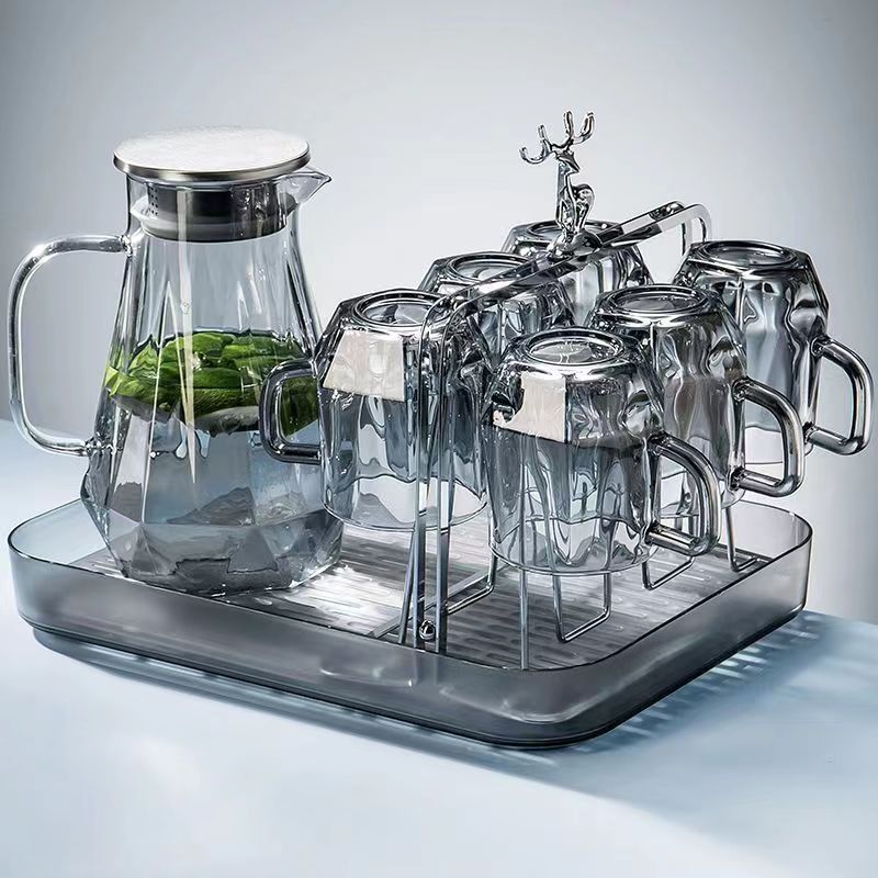 【杯架+托盘9件套】水壶玻璃水杯耐高温开水壶家用大容量套装茶杯