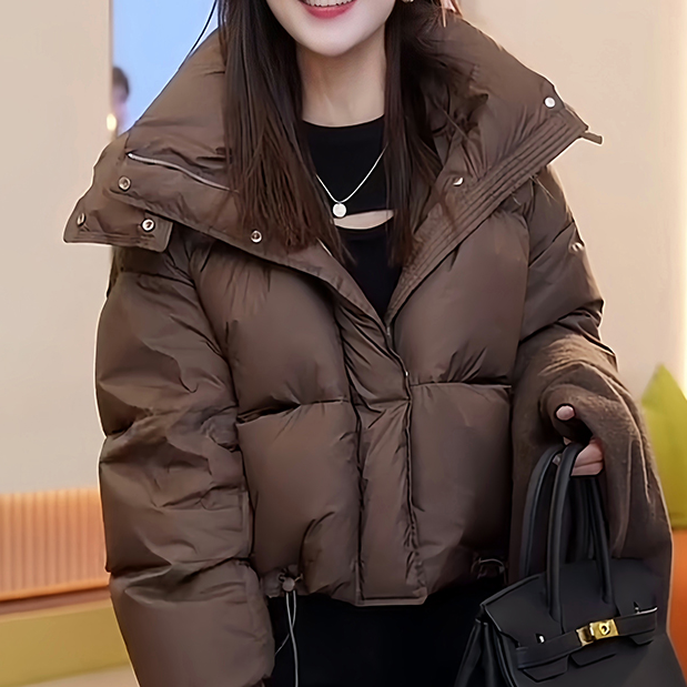 美拉德洋气时尚短款连帽羽绒服女2023秋冬季新款小个子白鸭绒外套
