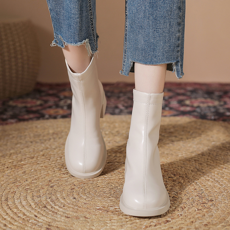 软面短靴女2023秋冬保暖新款高跟百搭马丁靴小个子增高粗跟瘦瘦靴