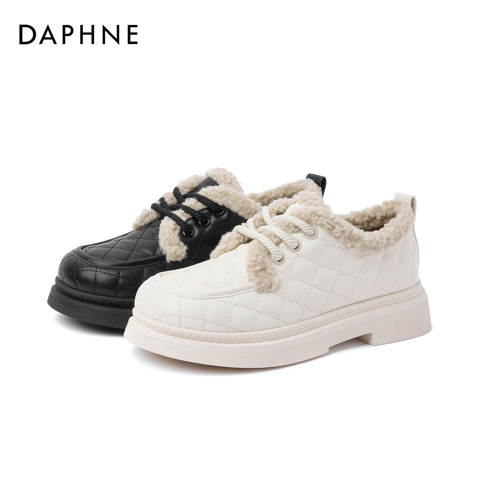 【达芙妮】冬季简约加绒保暖平底格纹防滑雪地靴 跟高4cm D6948144