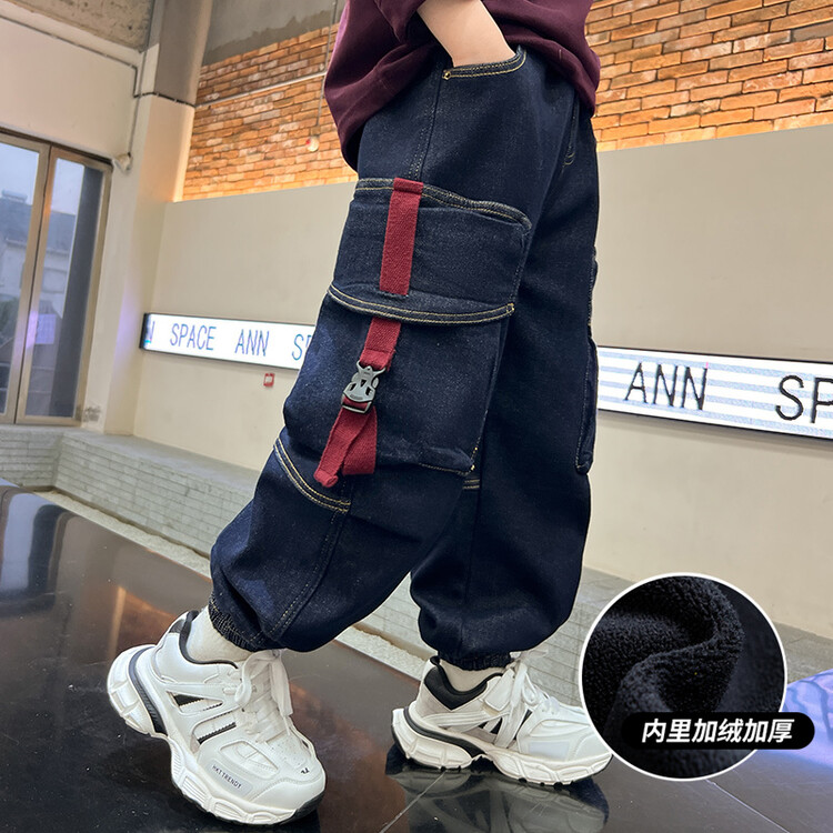 加厚儿童洋气韩版秋季男童加绒牛仔裤新款秋冬款工装裤子中大童儿