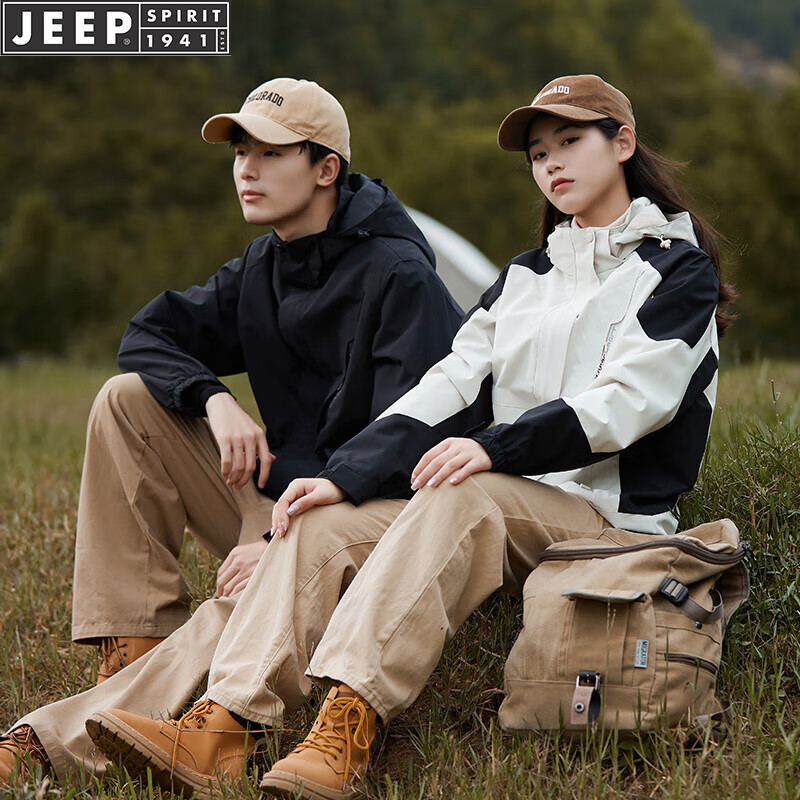 JEEPSPIRIT冲锋衣夹克男秋冬季外套连帽防风情侣运动登山服防风