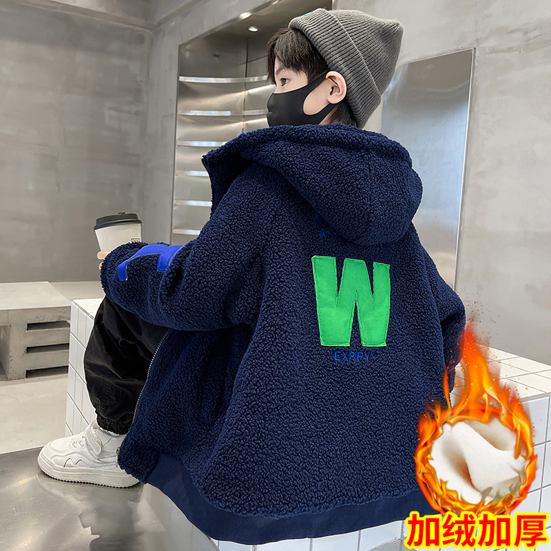 儿童装男童加绒外套秋冬2023新款冬装夹棉加厚摇粒绒中大童冬季潮