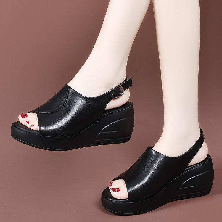 高跟鞋鞋子女鞋时尚百搭夏季厚底坡跟女士黑色软底外穿