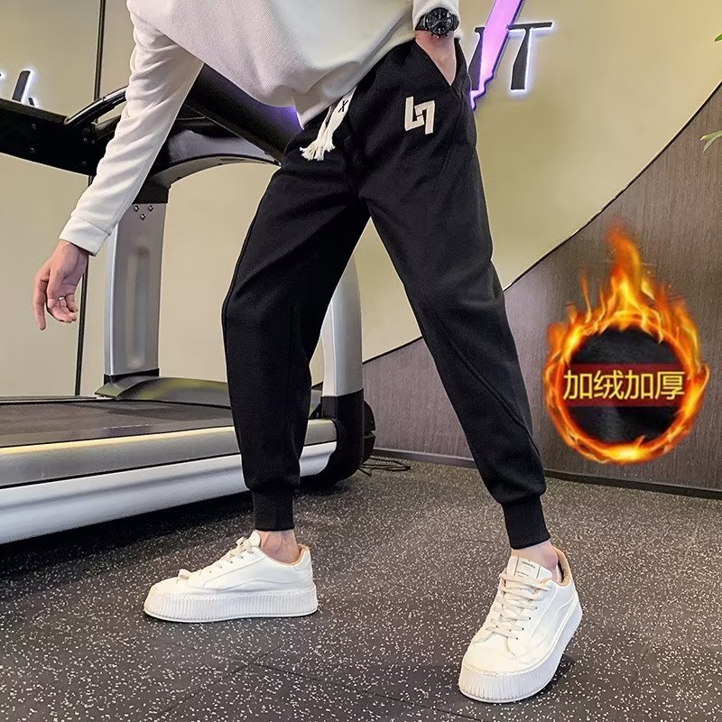 男士网红九分休闲裤百搭秋冬季加厚重磅纯棉潮流宽松刺绣裤子男