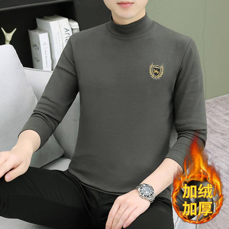 秋冬季加绒长袖T恤男半高领内搭打底男士中领加厚保暖秋衣男上衣