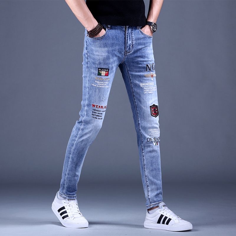2023年新款男士刺绣牛仔裤男秋季潮牌印花弹力修身小脚长裤子男装