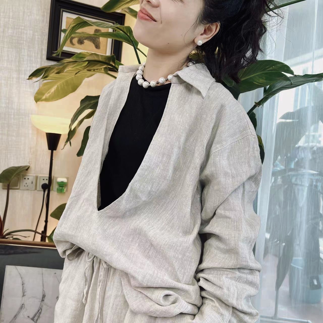 【麻衫·DV】纯亚麻长袖宽松休闲亲肤舒适透气家居衬衣