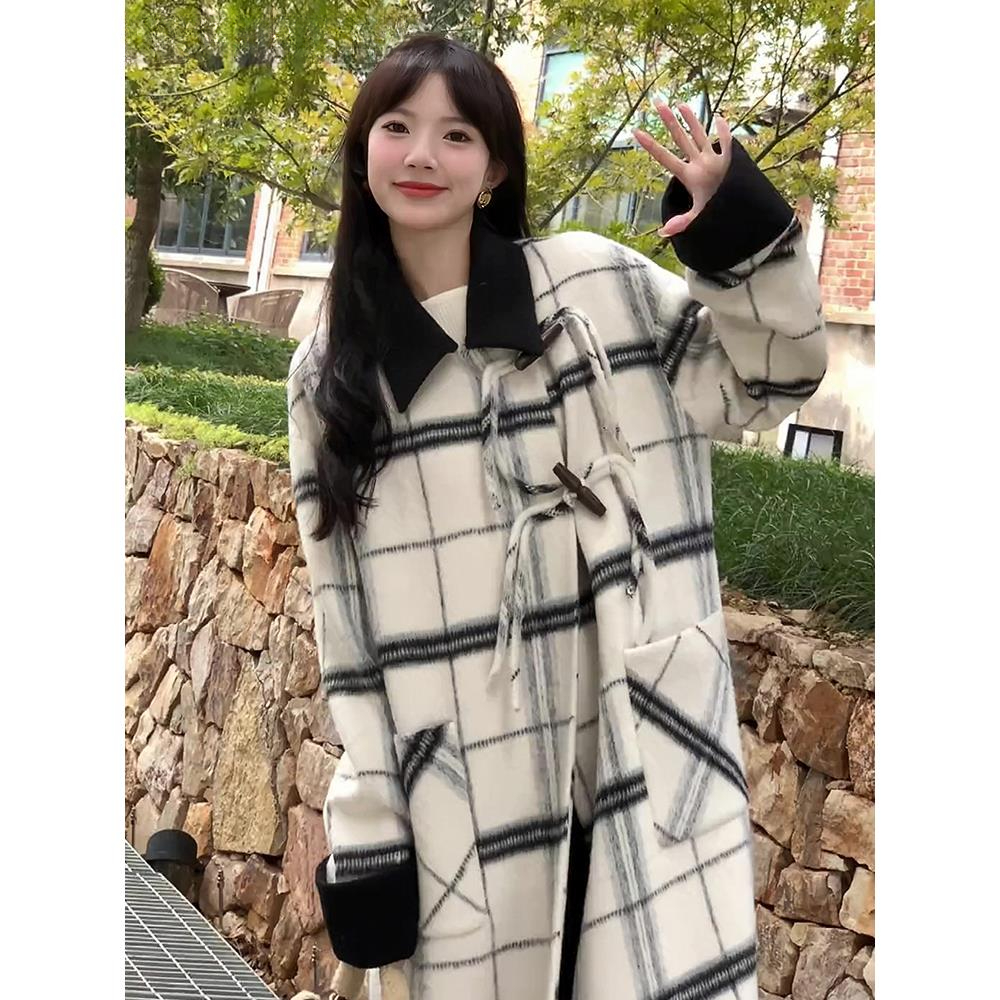 韩版高级感格纹呢子外套女秋冬休闲直筒呢子大衣双面呢大衣网红