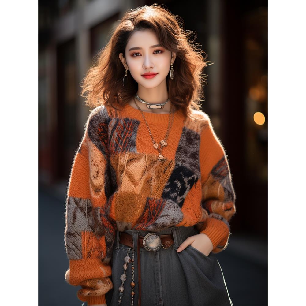 重工橘色慵懒毛衣外套女秋冬软糯高级感超好看短款小香风上衣针织