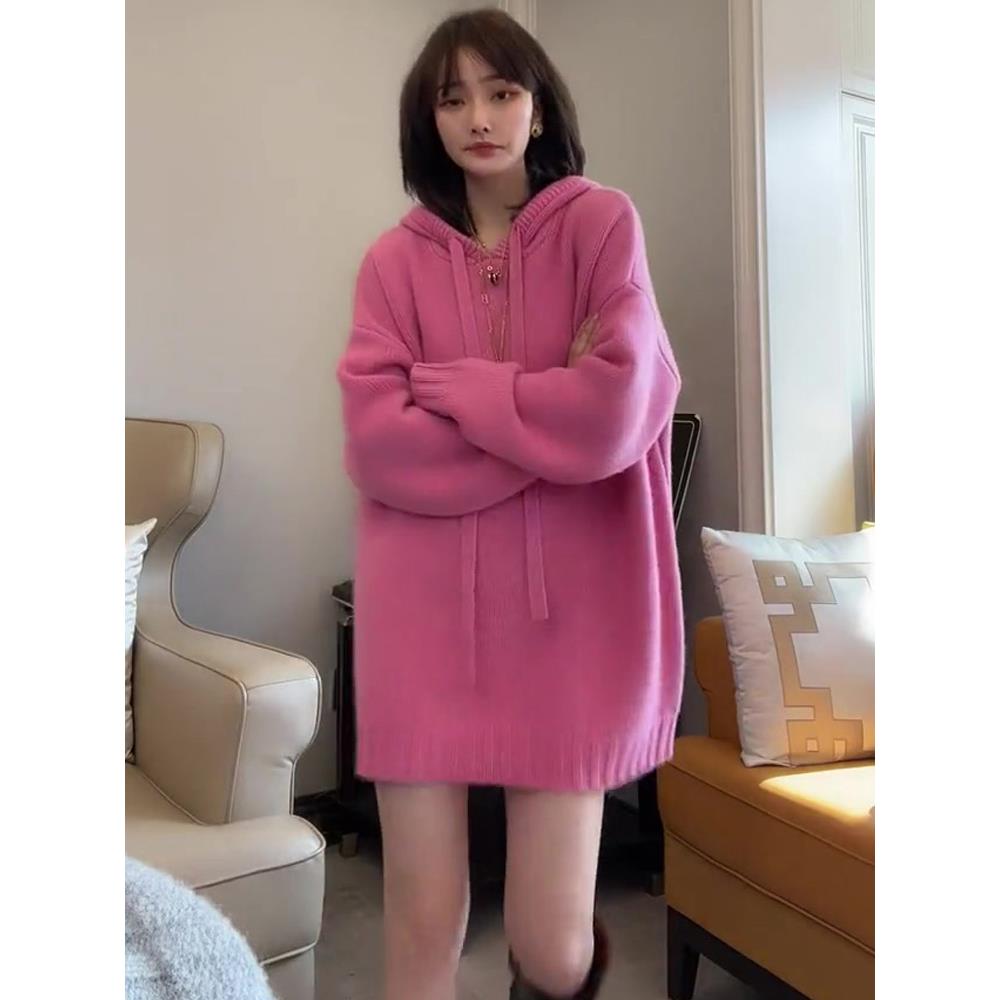 粉色针织连帽毛衣女加厚2023年冬季新款宽松慵懒套头上衣潮大码