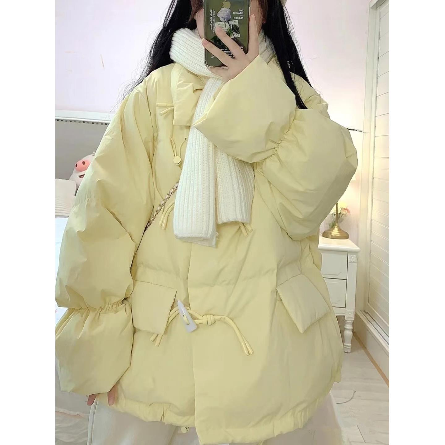 奶fufu牛角扣棉服女款2023秋冬韩系宽松加厚中长版面包服棉袄