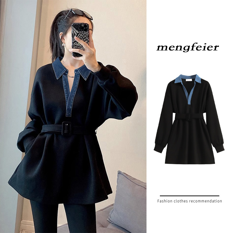 2023秋冬款设计感牛仔拼接卫衣外套女显瘦欧洲站中长款假两件上衣