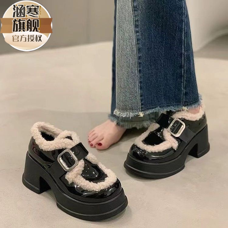 乐福鞋女2023新款黑色松糕厚底粗高跟秋冬单鞋英伦学生小皮鞋子女