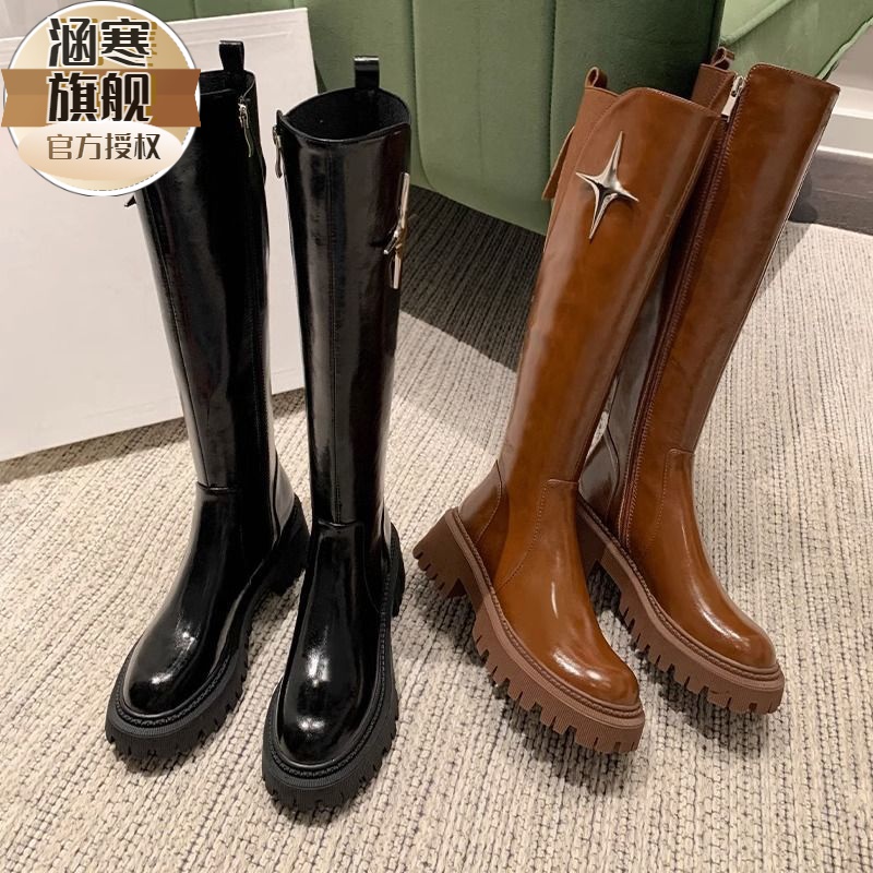 辣妹厚底长靴子女棕色骑士靴不过膝黑色高筒秋冬显瘦长筒靴瘦瘦靴