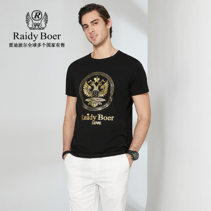 Raidy Boer/雷迪波尔男装夏新烫钻双头鹰棉氨混纺圆领短袖T恤7071