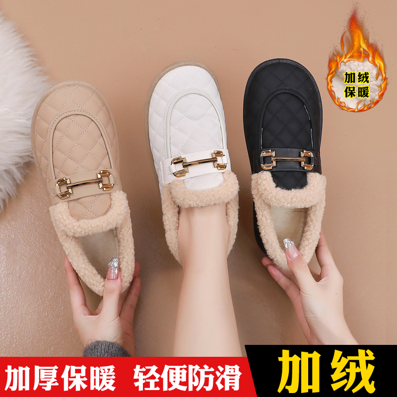 女鞋加绒豆豆鞋女2023冬季新款一脚蹬棉鞋软底外穿保暖圆头乐福鞋