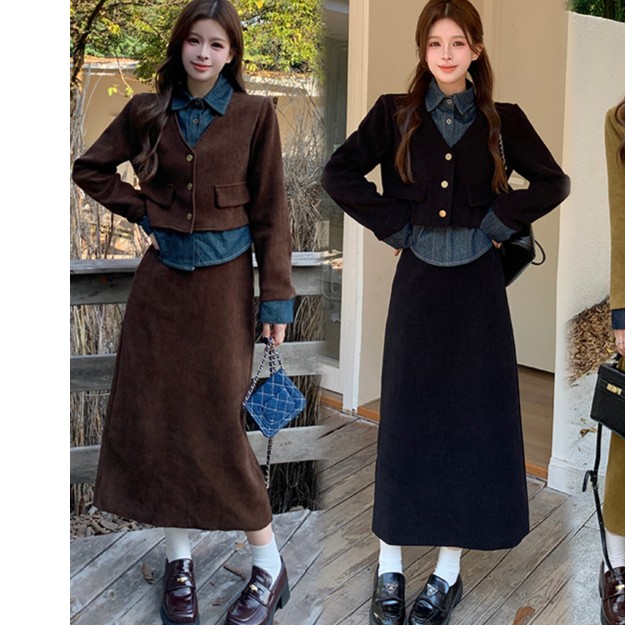 大码微胖法式复古假两件牛仔拼接翻领外套+百搭开叉半身裙套装