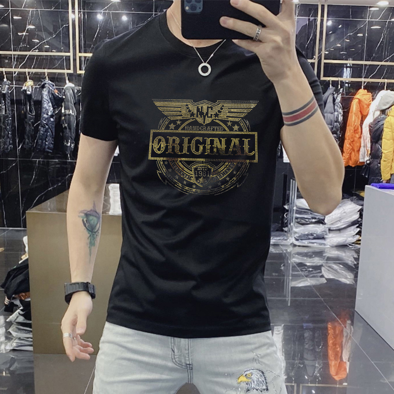 男士短袖t恤2023新款高端潮牌男装亮片印花半袖衣服夏季潮流圆领T