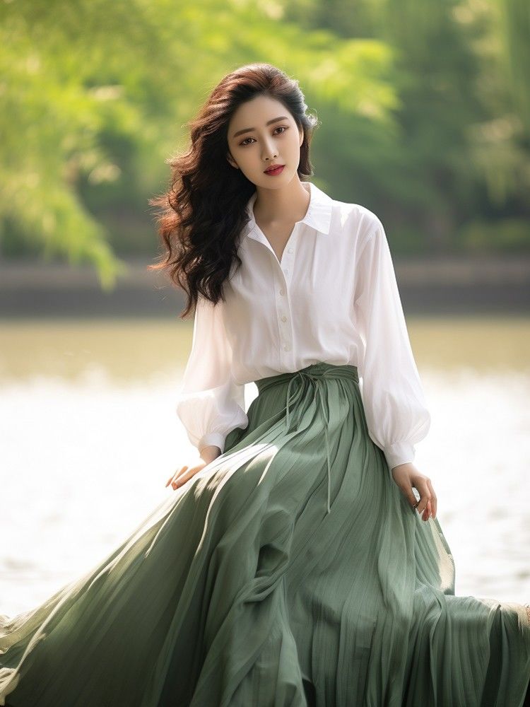 气质干练女装盐系轻熟高级感小香风白色衬衫绿色半身裙两件套装春