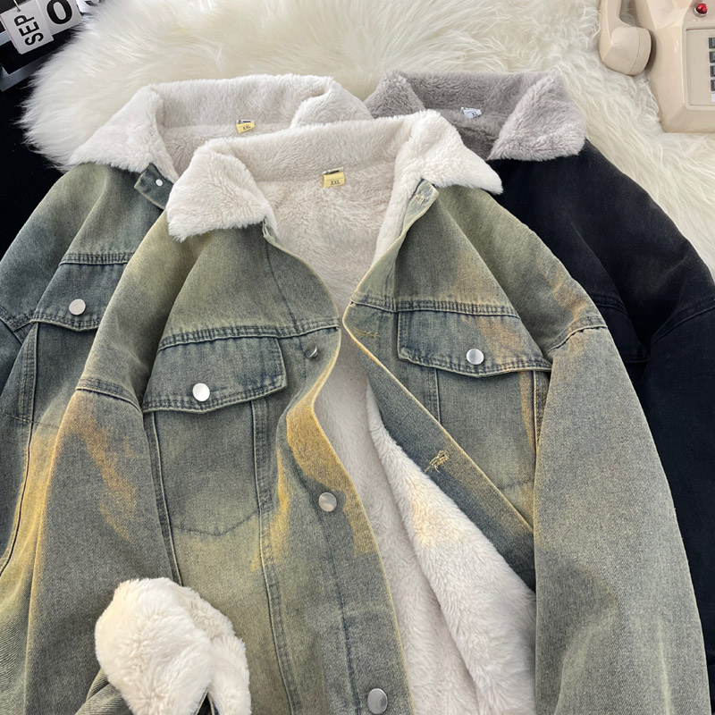 日系加绒牛仔棉衣外套男冬季潮牌宽松情侣款复古加厚保暖翻领夹克