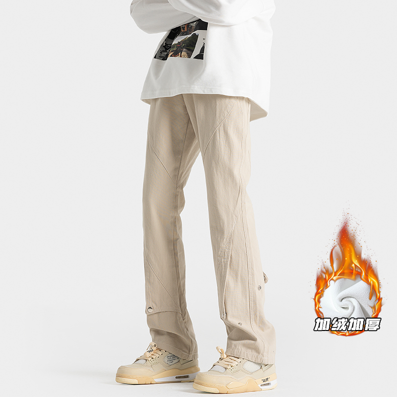 美式机能加绒工装裤男秋冬季高街修身微喇裤子潮牌宽松百搭休闲裤