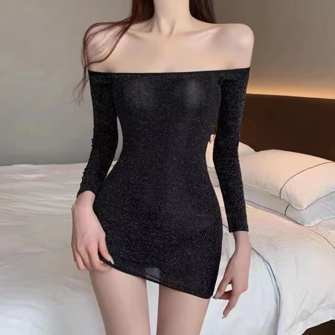 网红主播睡衣免脱睡裙穿搭亮闪闪黑色薄款紧身裙家居服包臀睡裙