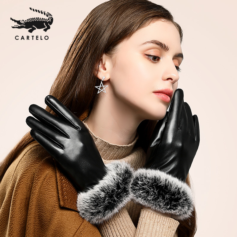 CARTELO/卡帝乐鳄鱼冬季女触屏骑车加绒防水保暖防风五指真皮手套