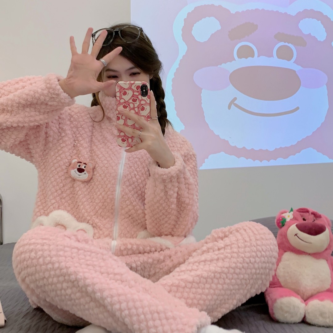【草莓熊树莓红-加厚加绒1-3月份】5-15度孕妇哺乳睡衣冬季月子服