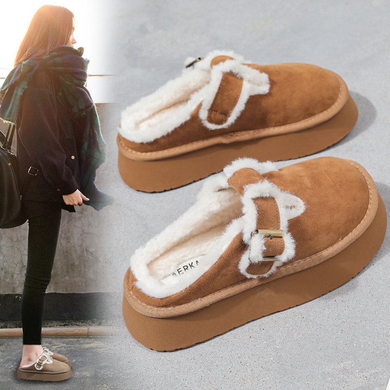 回力瑞毛毛拖鞋女2023年新款冬季加绒雪地靴厚底包头半拖鞋棉拖鞋