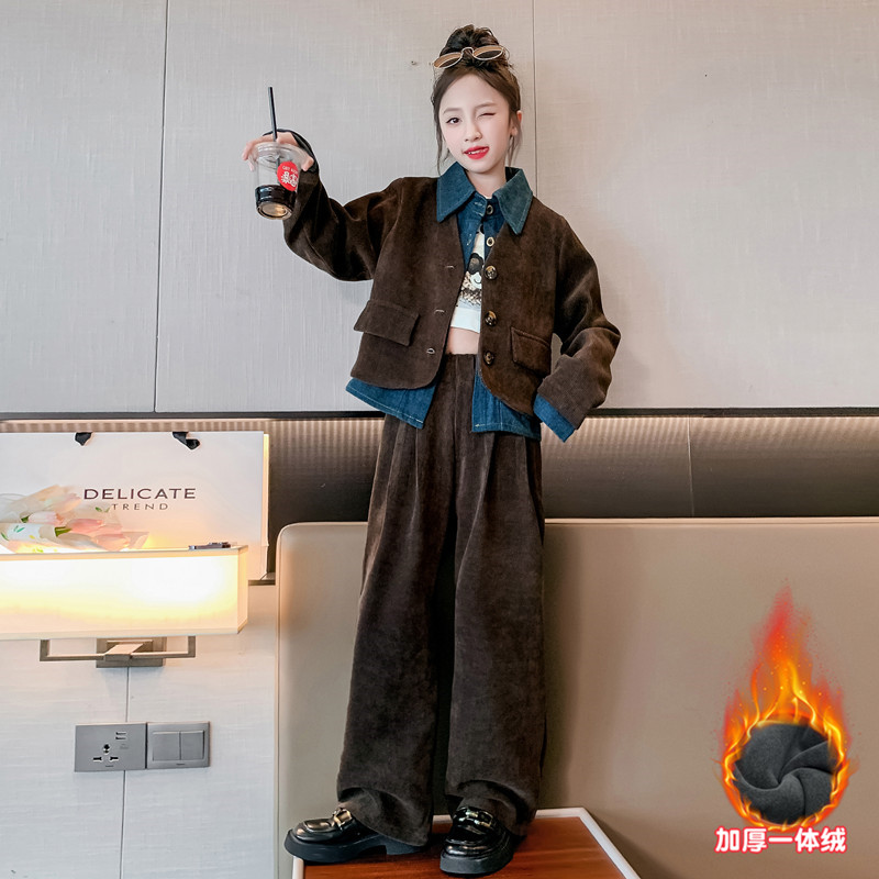 女童套装秋冬季2023新款洋气假两件外套中大童冬装加绒休闲两件套