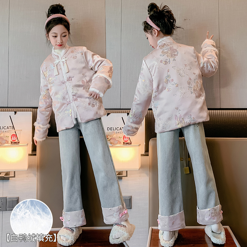女童国风唐装冬季2023新款6-12岁15岁拜年服金箔提花羽绒服套装