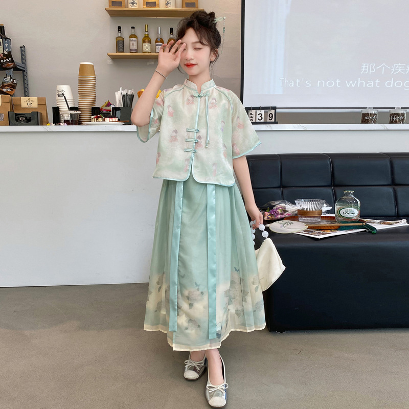 女童汉服套装2024夏季新款中大童新中式仙气国风唐装马面裙两件套