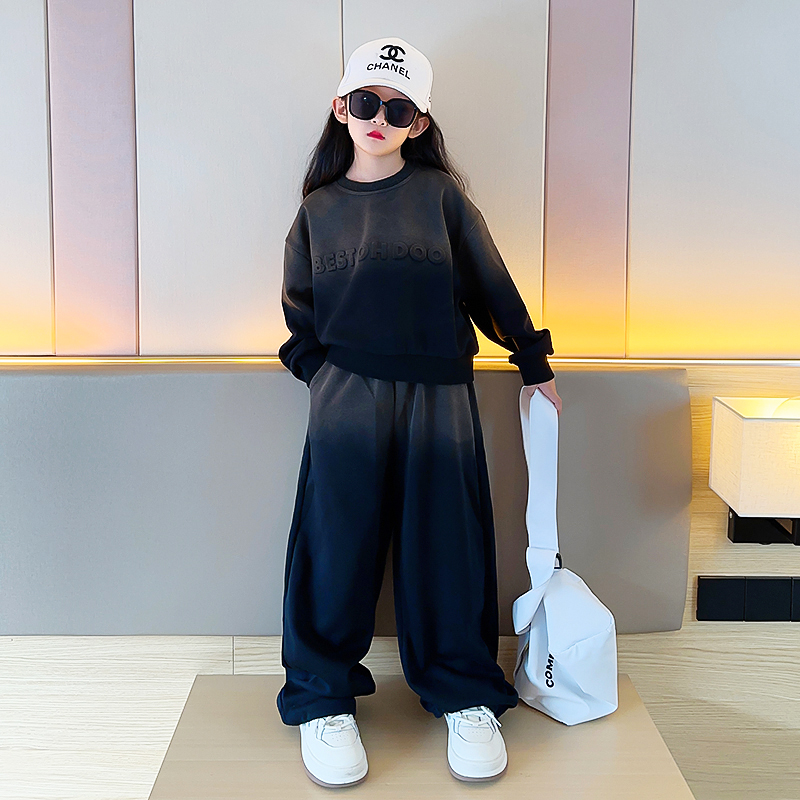 女童秋装2023新款套装秋冬款加绒宽松卫衣裤子两件套儿童洋气时髦