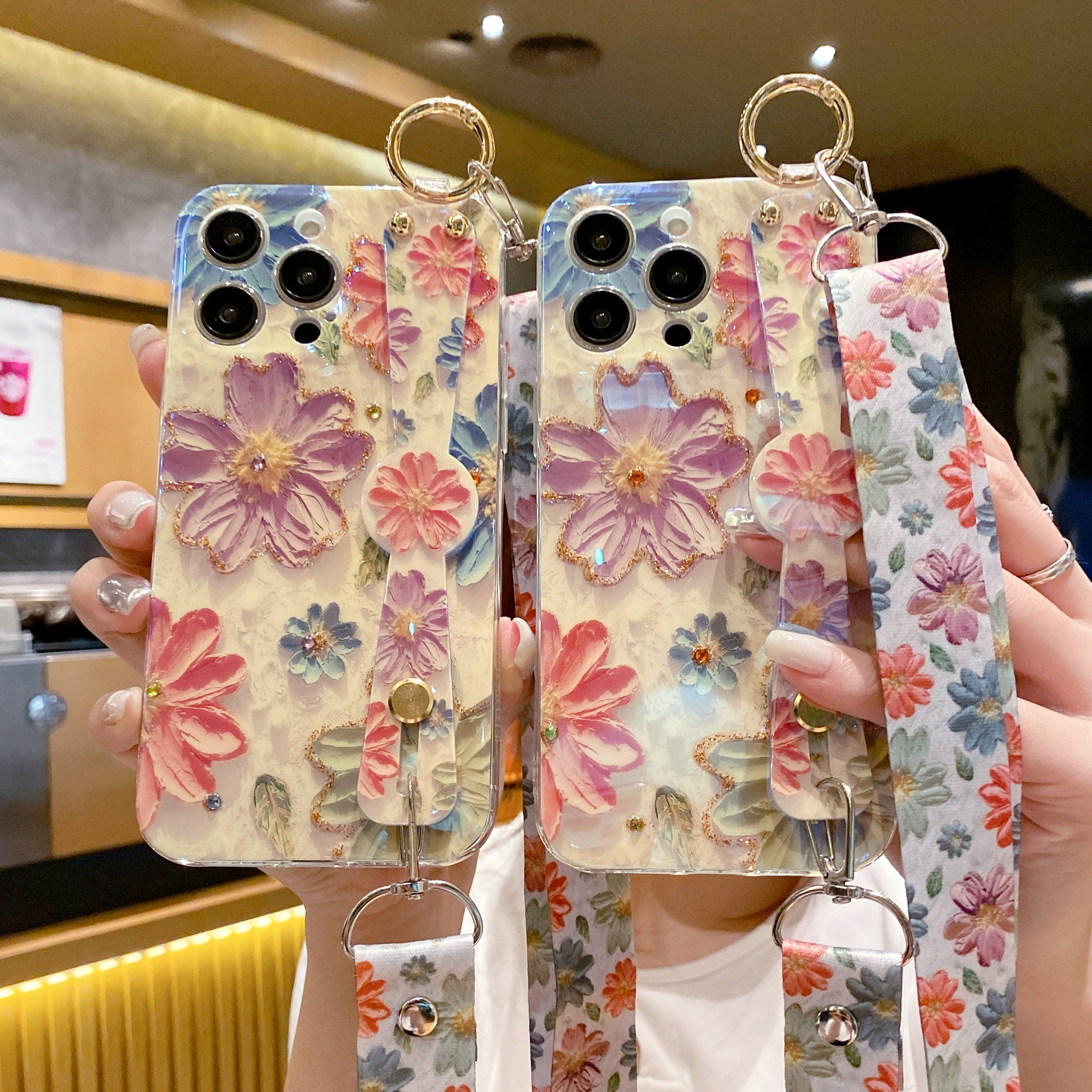 苹果/华为/oppo/vivo新款腕带日韩油画花朵防摔蓝光手机壳闺蜜款