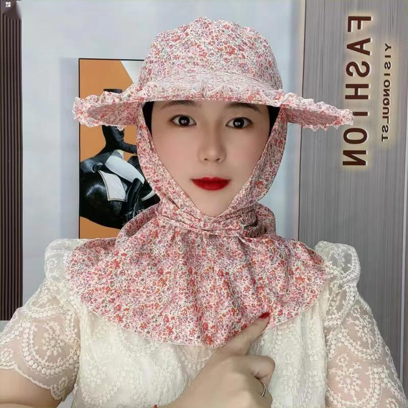 大帽檐雪纺护脸护颈遮阳帽户外工作田间蕾丝碎花时尚百搭透气防风