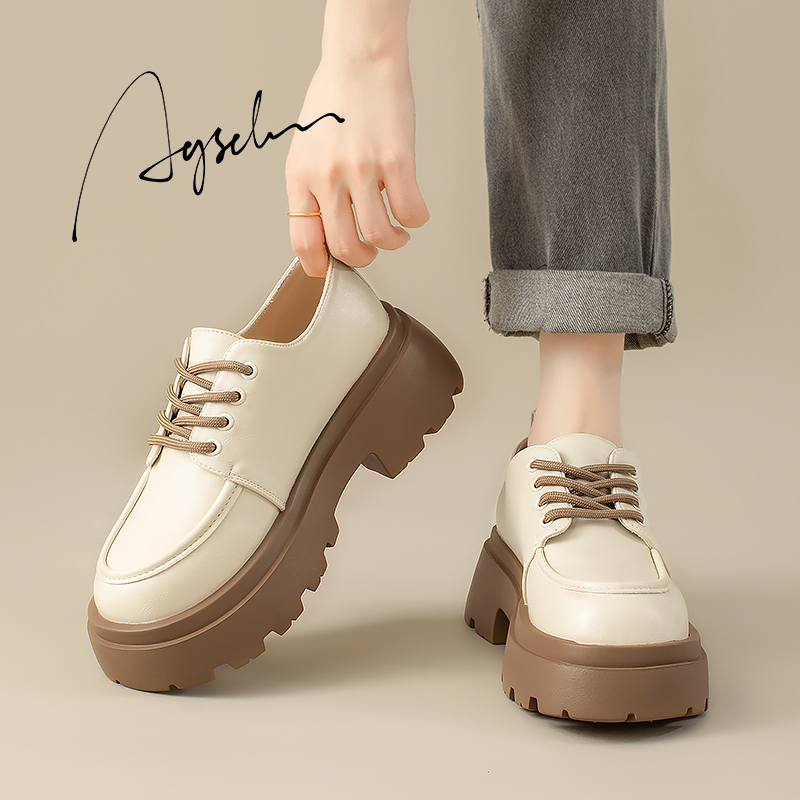 奥古狮登白色小皮鞋女2023新款春秋英伦风厚底乐福鞋百搭粗跟单鞋
