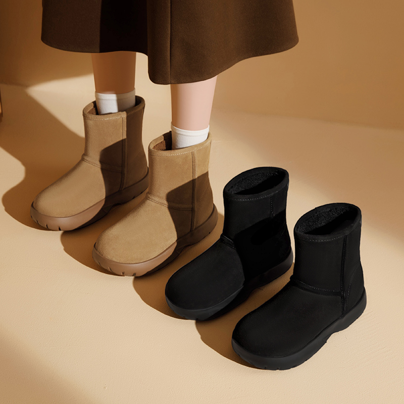 奥古狮登真皮雪地靴女款D新款厚底加绒加厚保暖女短筒棉鞋