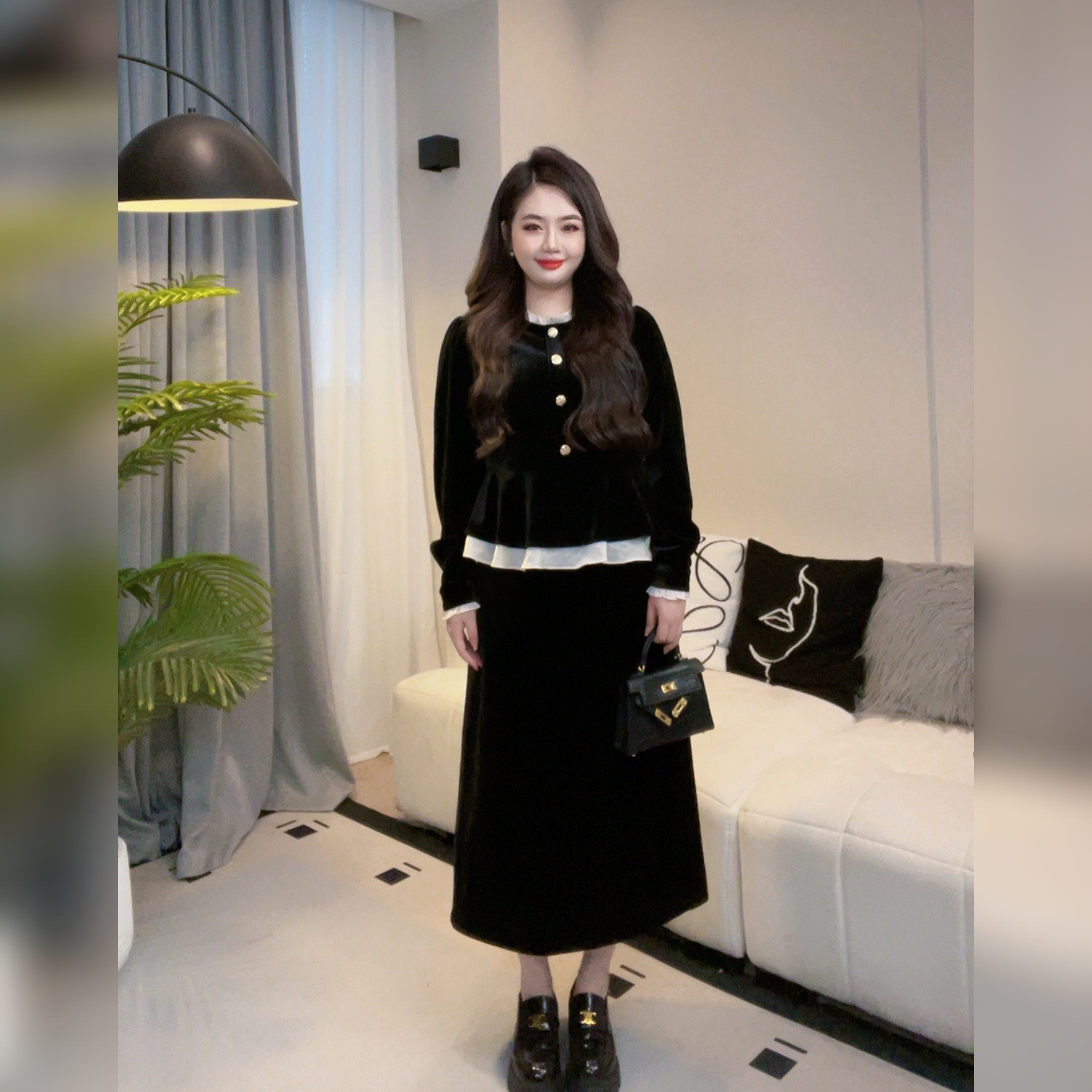 NANXU/楠序六哥微胖女装2023秋季丝绒洋气套装时尚两件套女LG6037